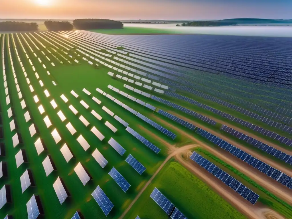 Un paisaje impresionante de una granja solar sostenible con paneles brillantes bajo el sol