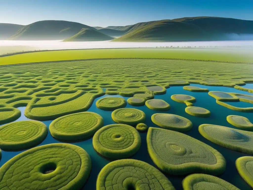 Un paisaje de microalgas verdes vibrantes bajo el cielo azul