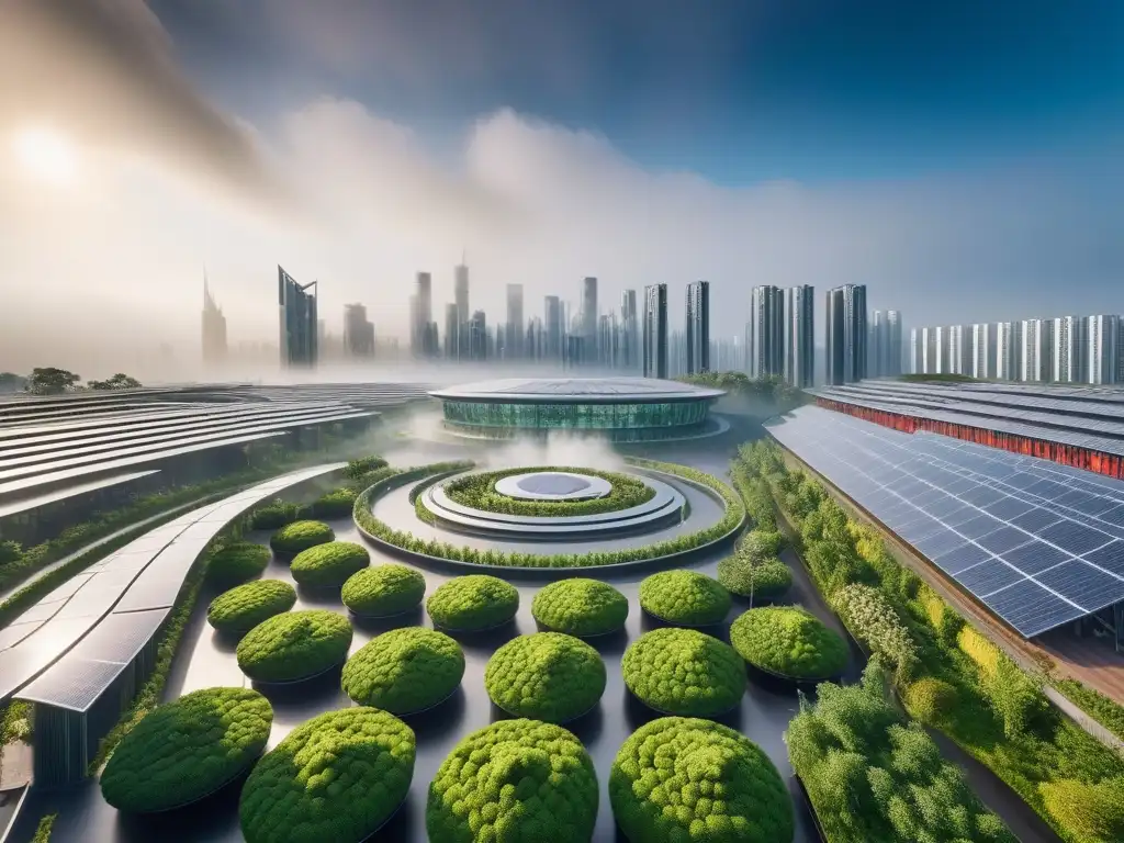 Un paisaje urbano futurista con edificios ecológicos rodeados de vegetación exuberante, en una economía circular vegana de transformación de residuos