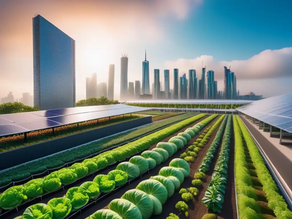 Un paisaje urbano futurista con rascacielos sostenibles y un jardín urbano vegano