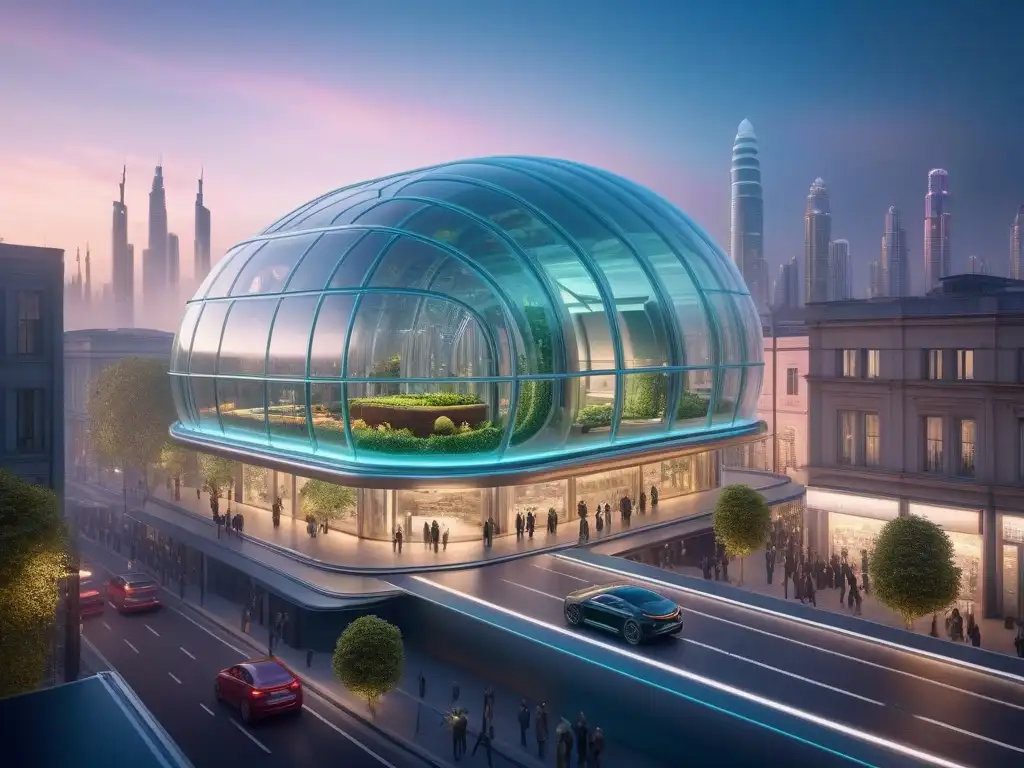 Un paisaje urbano futurista vibrante con cápsulas veganas de nutrición premium integradas de forma sostenible en el ambiente urbano