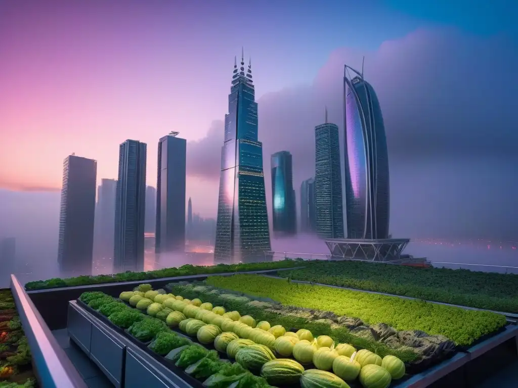 Un paisaje urbano futurista y vibrante con rascacielos adornados con jardines verticales frutales y vegetales