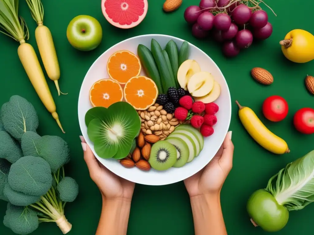 Un paisaje verde lleno de alimentos veganos coloridos que resaltan la sostenibilidad energética