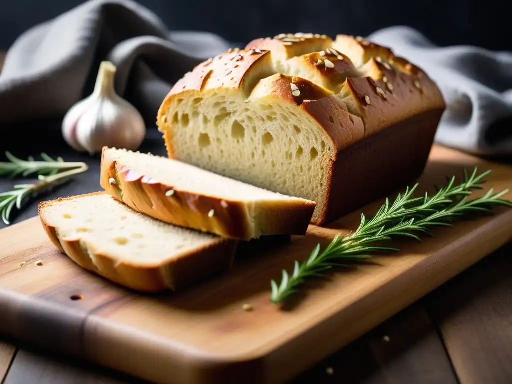 Un pan de ajo vegano sin gluten recién horneado, dorado y crujiente por fuera, con ajos y hierbas visibles, rodeado de ingredientes frescos