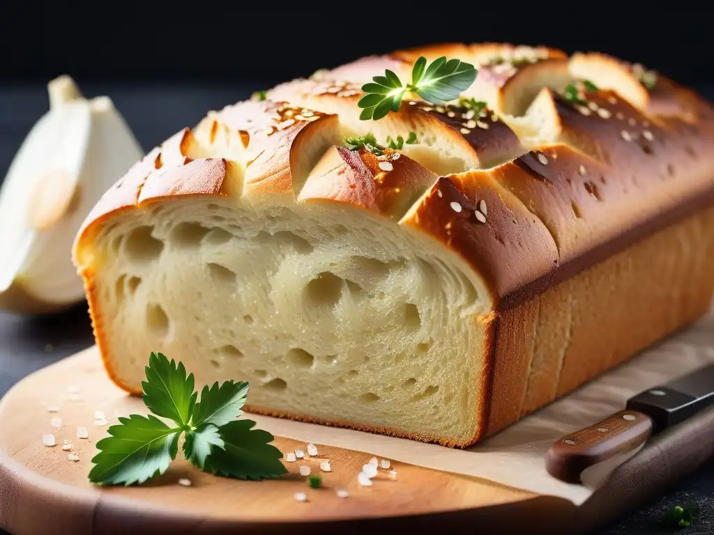 Pan de ajo vegano sin gluten recién horneado, dorado y aromático, en una mesa rústica iluminada