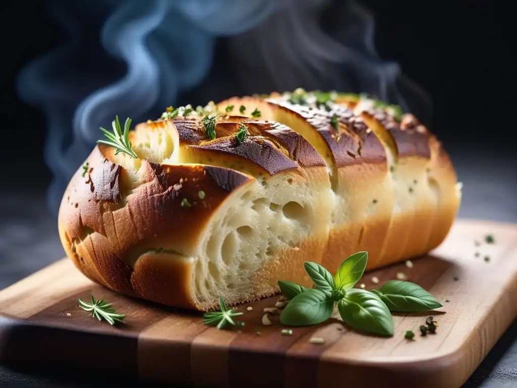 Pan de ajo vegano sin gluten recién horneado con hierbas aromáticas y bordes dorados crujientes