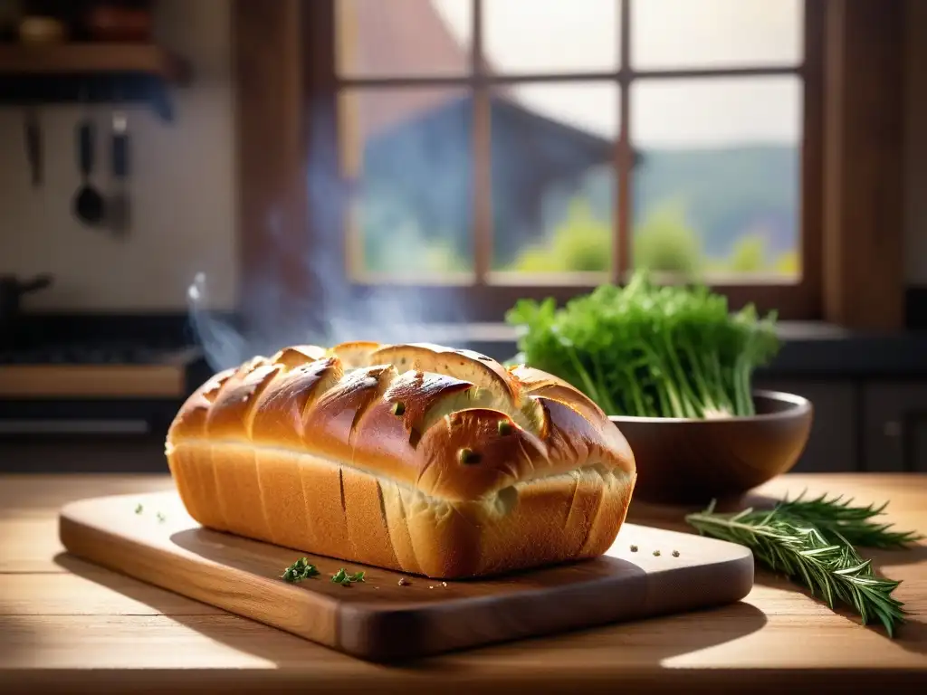 Pan de ajo vegano sin gluten recién horneado en una mesa de madera rústica, ambiente acogedor de cocina hogareña