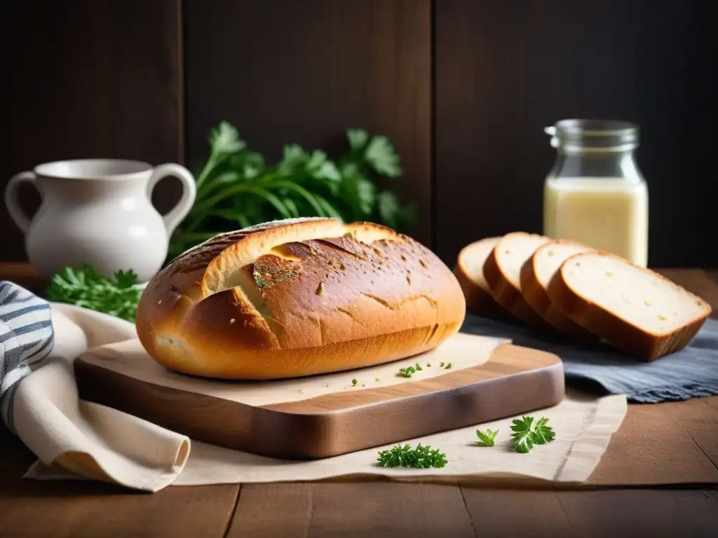 Pan de ajo vegano sin gluten sobre mesa rústica, bañado en mantequilla vegana y ajo, rodeado de ingredientes frescos