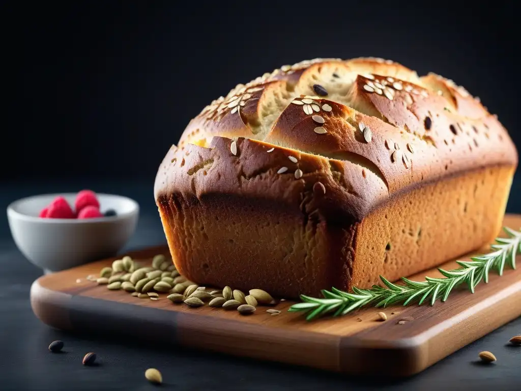 Un pan artesanal sin gluten y vegano con semillas y frutas, resaltando los beneficios panadería vegana sin gluten