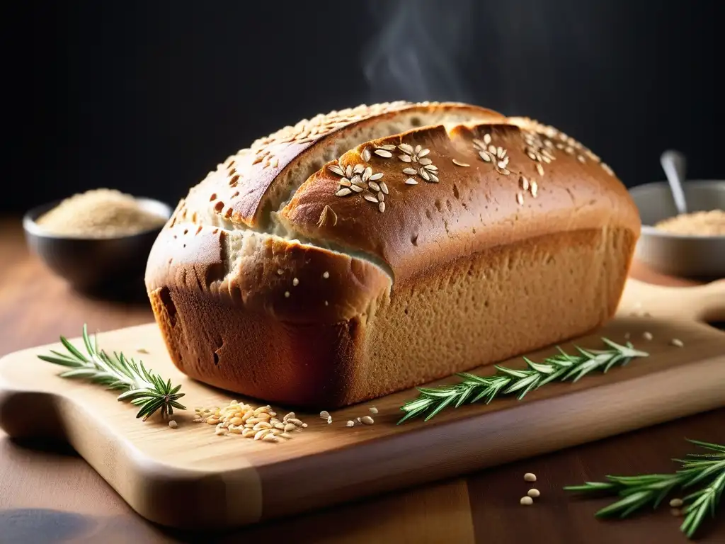 Pan de molde integral vegano recién horneado, dorado y crujiente por fuera, con una textura suave y esponjosa