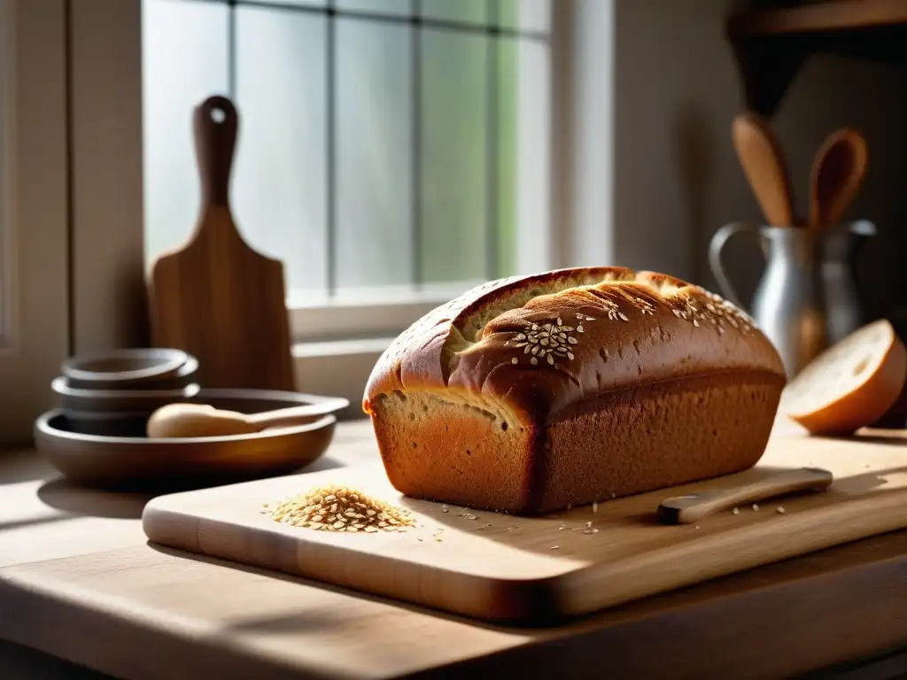 Pan de molde integral vegano recién horneado, con corteza dorada bajo la luz del sol en la cocina