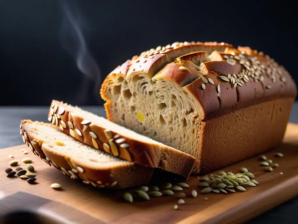 Un pan de molde integral vegano recién horneado, con semillas de chía, lino y girasol, corteza dorada y suave miga