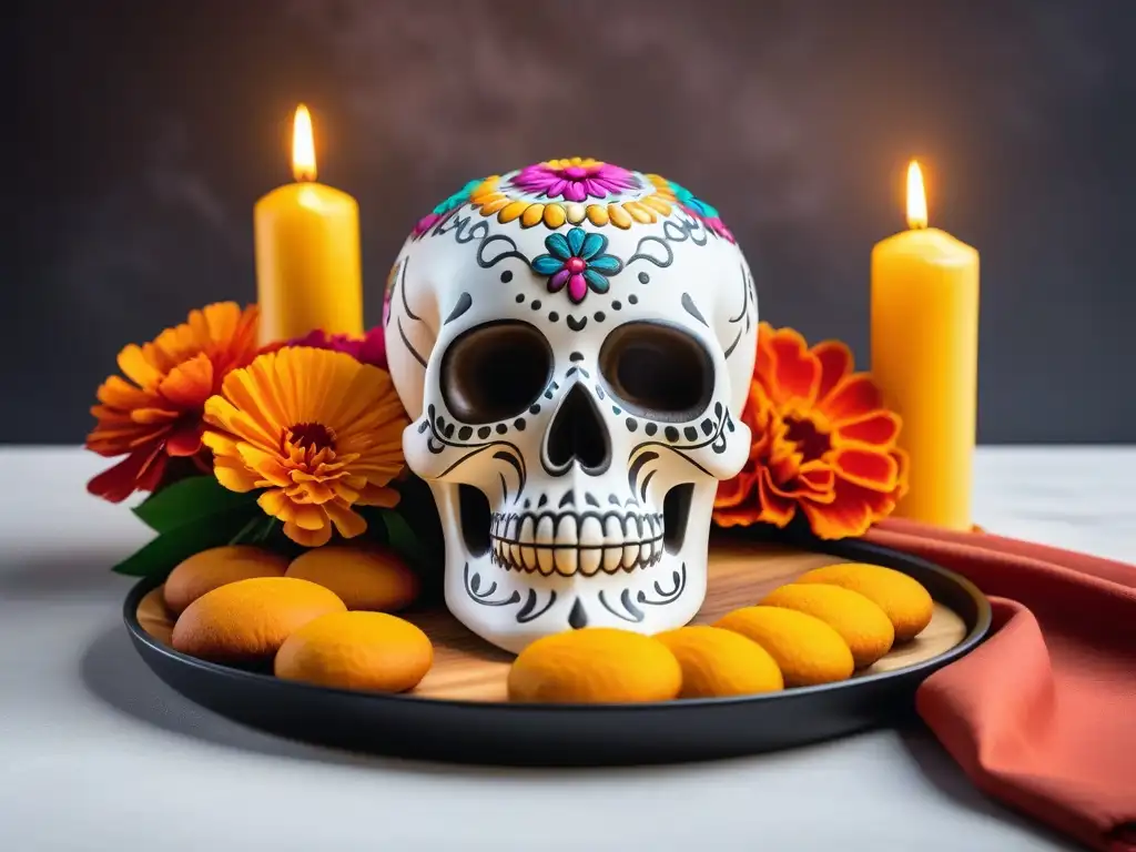 Un Pan de Muerto vegano decorado con detalles tradicionales en un altar del Día de los Muertos