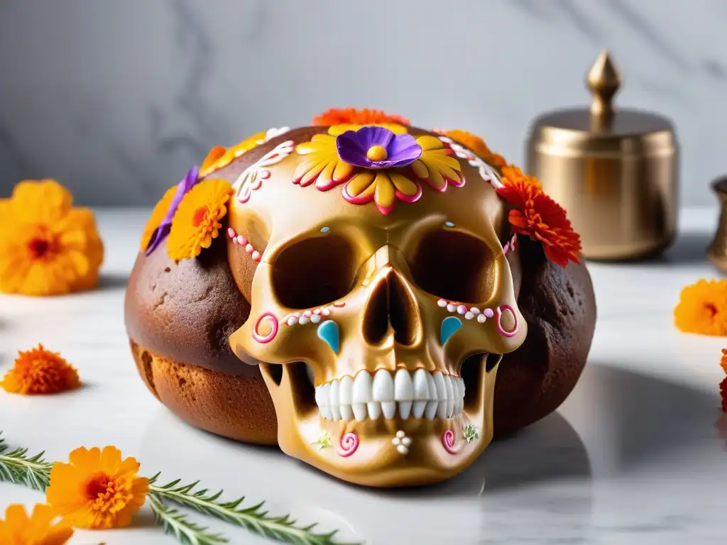 Un Pan de Muerto vegano detallado y moderno, decorado con calaveras de azúcar y flores de cempasúchil