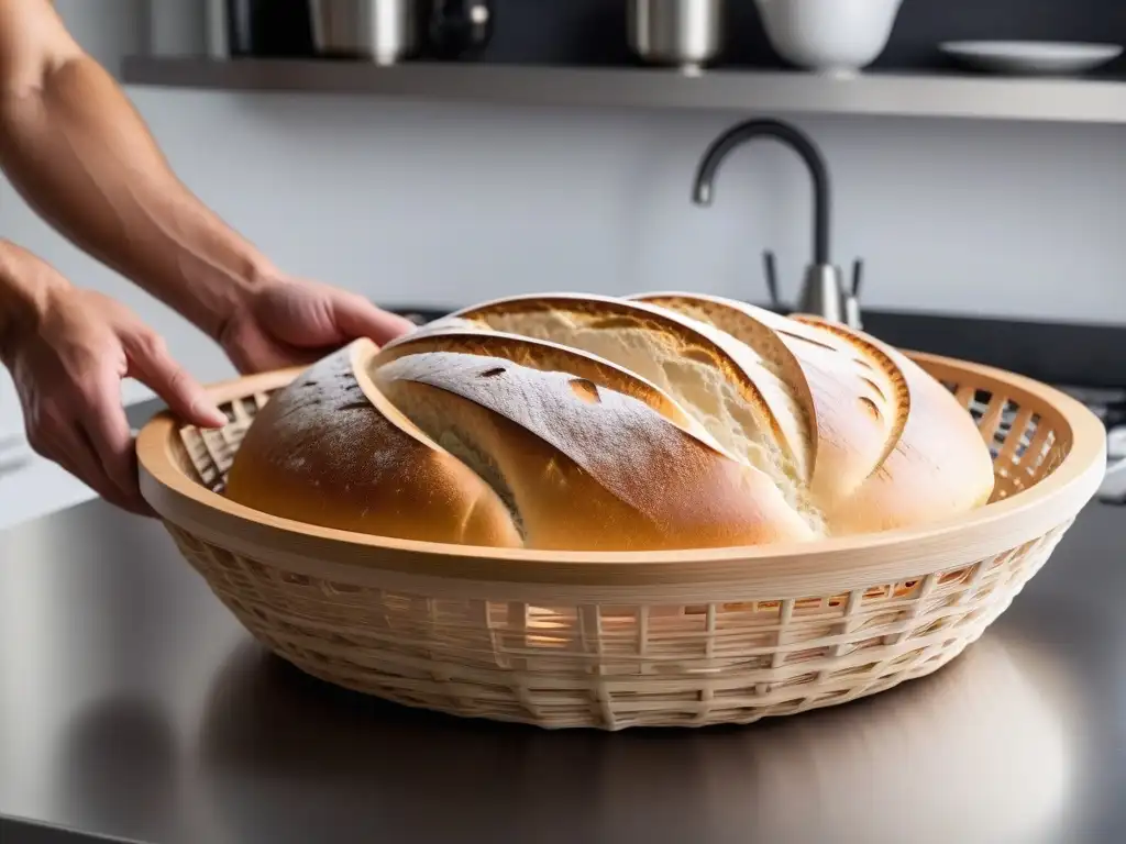 Pan Sourdough Vegano Fermentación Natural: Cesta de fermentación con masa burbujeante en cocina elegante