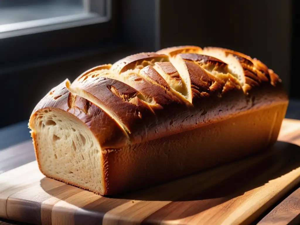 Pan vegano sin gluten esponjoso: Detalle de un pan recién horneado con corteza dorada y vapor