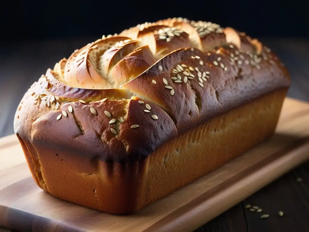 Pan vegano sin gluten esponjoso: detallada imagen de un pan recién horneado con corteza dorada y esponjosa, semillas de chía y lino