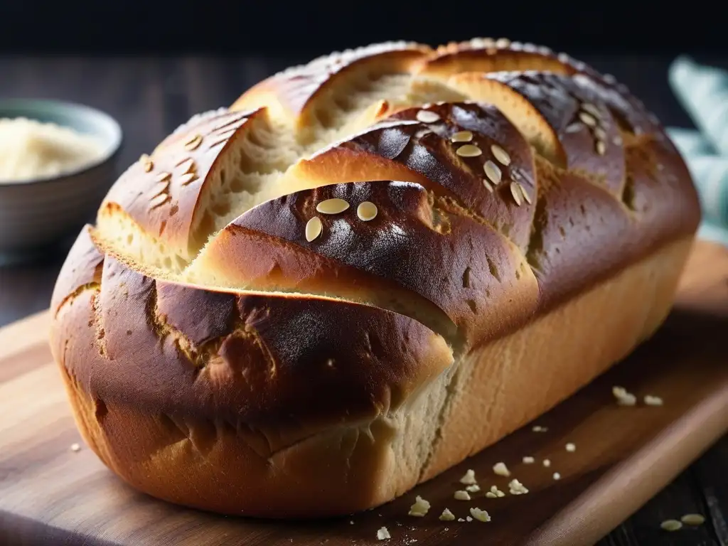 Pan vegano sin gluten esponjoso: una hogaza recién horneada con costra dorada y esponjosa miga llena de burbujas