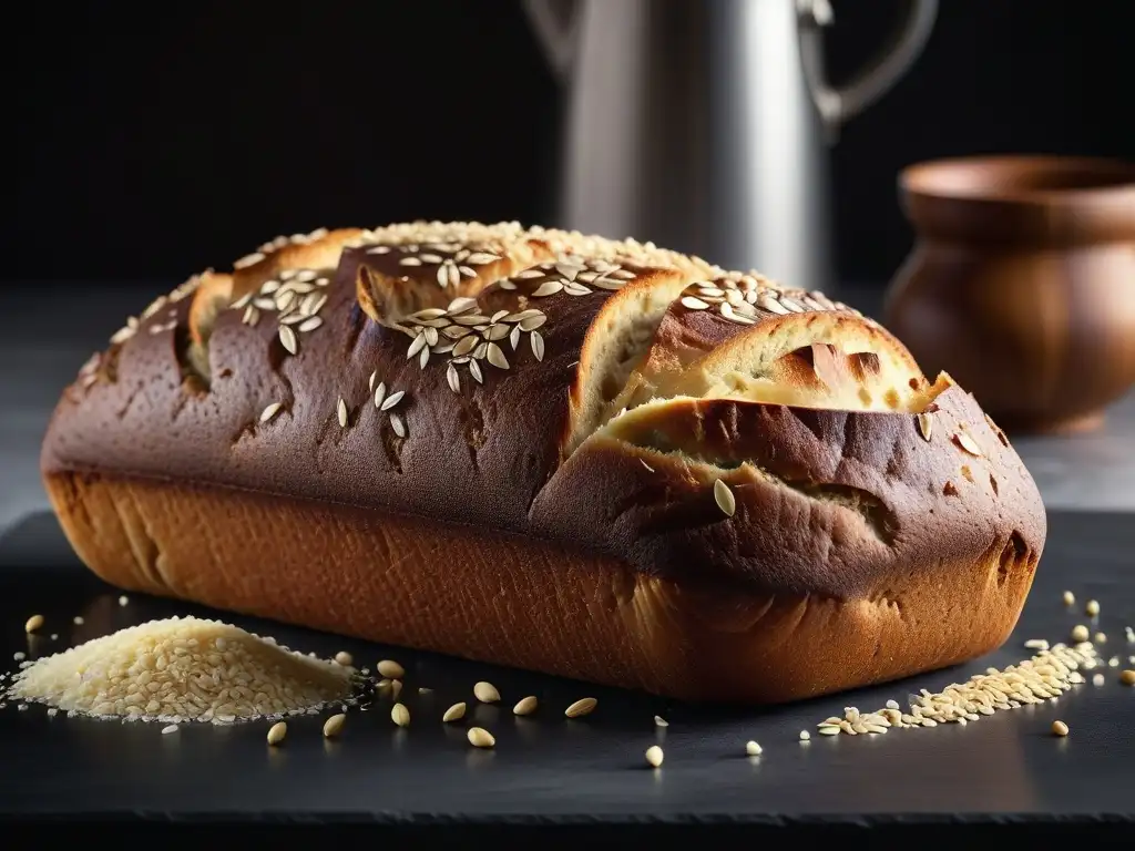 Delicioso pan vegano sin gluten recién horneado Pan vegano sin gluten recetas: Pan recién horneado, dorado y crujiente por fuera, tierno por dentro, con semillas visibles