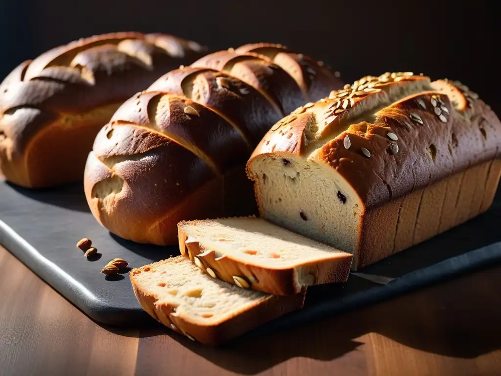 Pan vegano sin gluten: arte en sabores y texturas Pan vegano sin gluten recetas: Variedad de panes recién horneados con semillas, nueces y frutas, sobre mesa de madera con luz natural