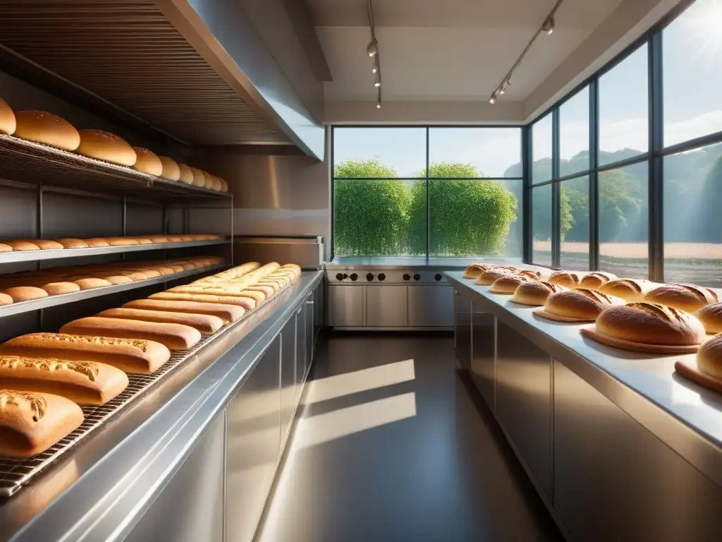 Panadería moderna con panes veganos y sin gluten recién horneados en estantes metálicos, iluminada por luz natural