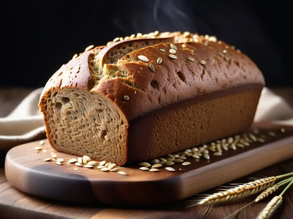 Panadería vegana sin gluten centeno: Detalle de pan centeno recién horneado en tabla rústica