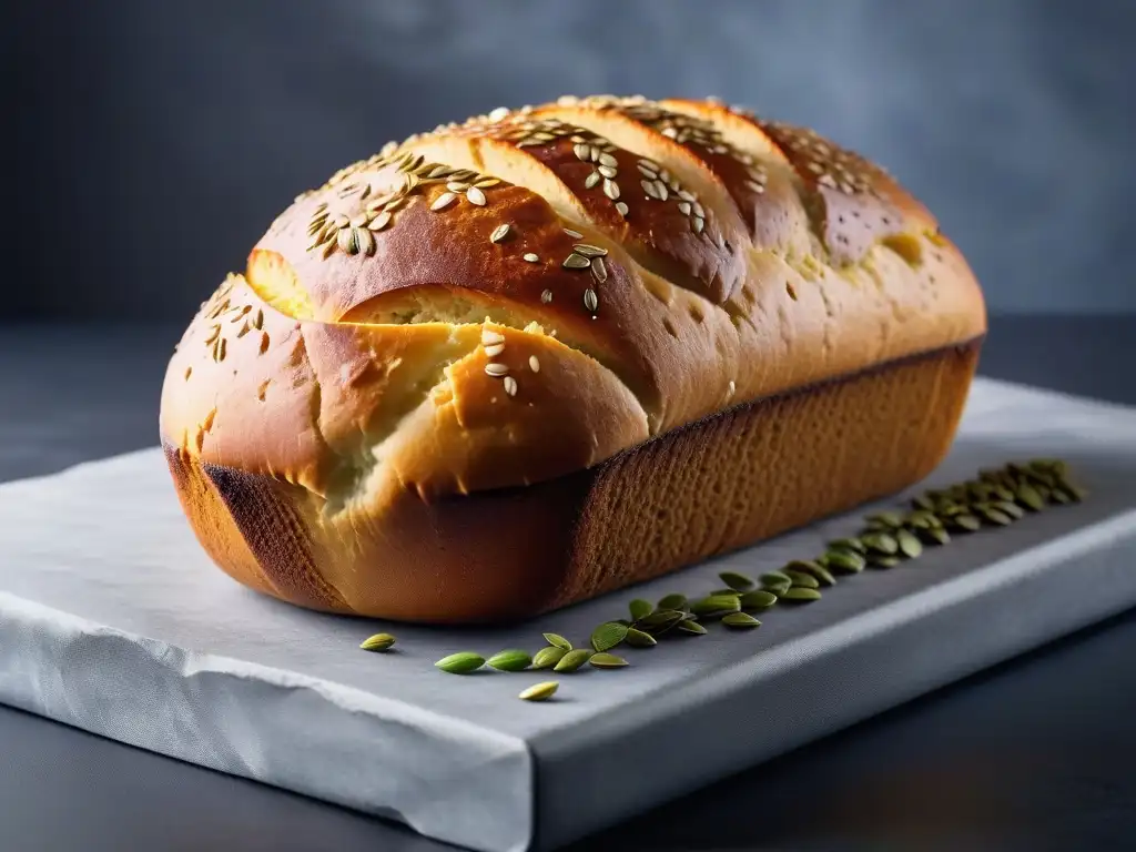 Panadería vegana: Detalle de un pan crujiente recién horneado con semillas de lino y calabaza esparcidas sobre la corteza dorada