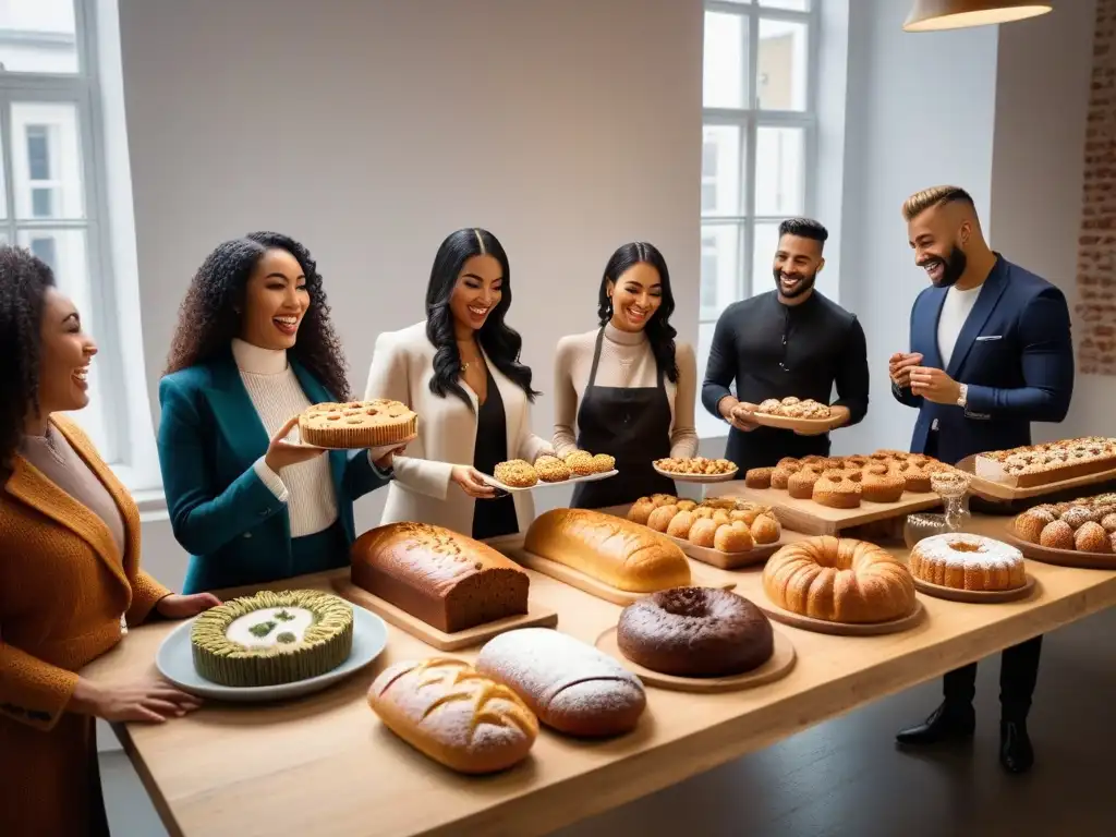 Panadería vegana sin gluten global: Diversidad y alegría en torno a una mesa llena de delicias coloridas