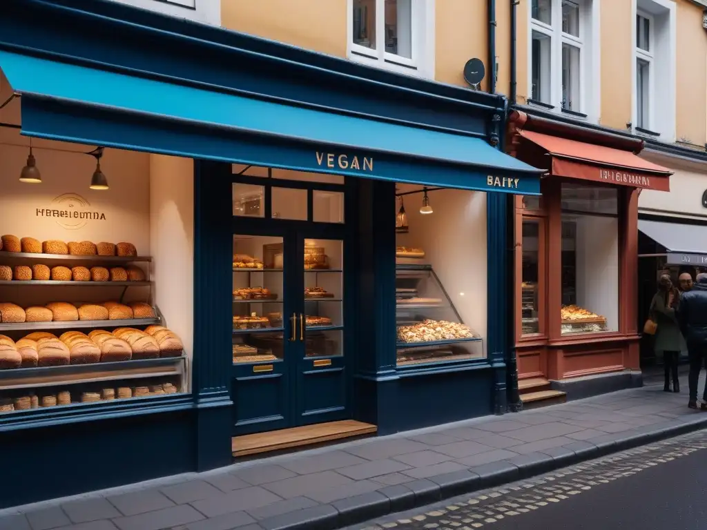 Una panadería vegana moderna en una bulliciosa calle europea