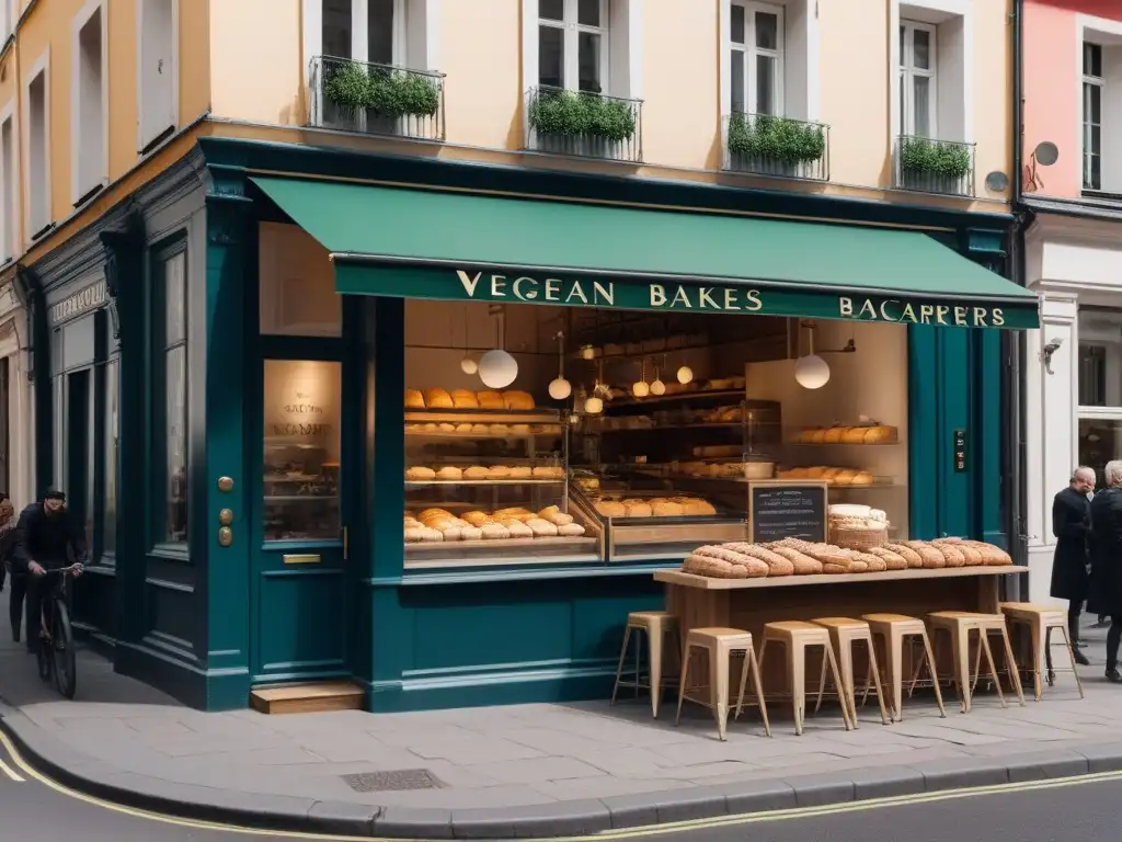 Panaderías veganas en Europa: Una calle bulliciosa llena de pastelerías artesanales veganas con clientes disfrutando de sus productos al aire libre