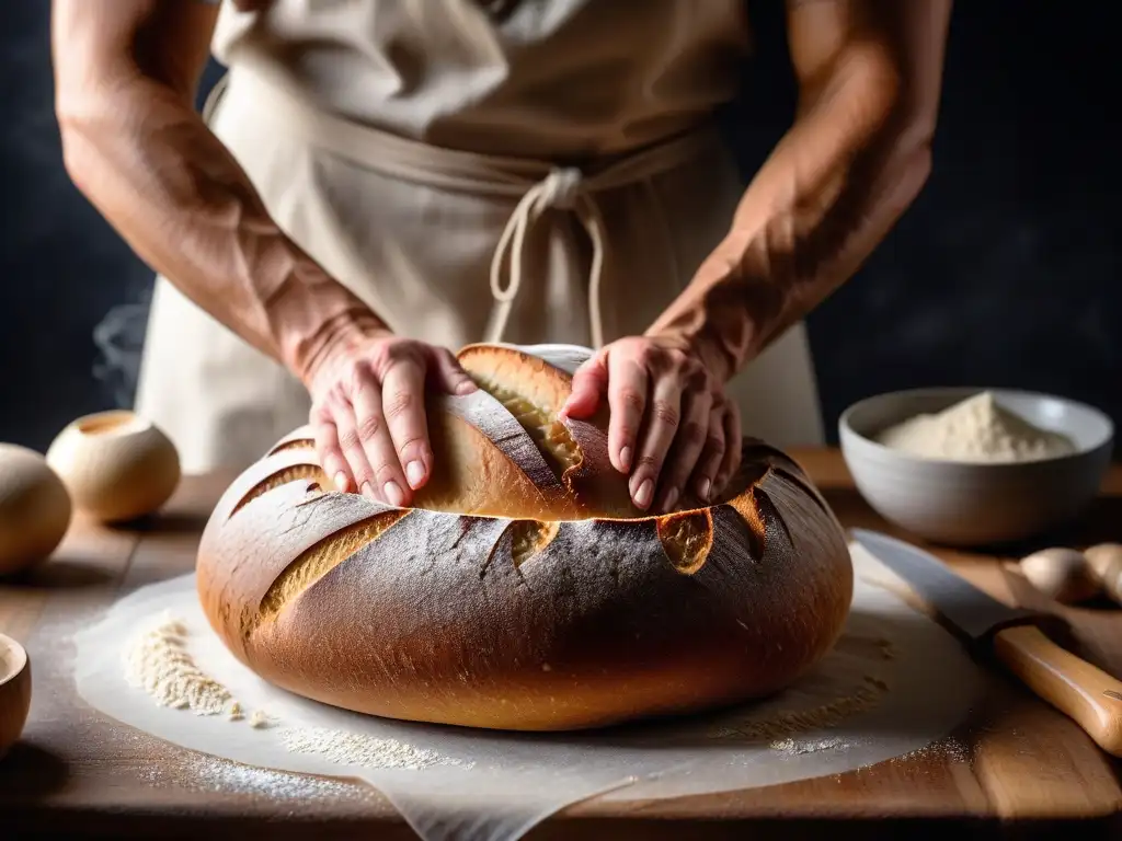 Un panadero moldea con destreza un pan sourdough vegano en una mesa rústica, mostrando la fermentación natural