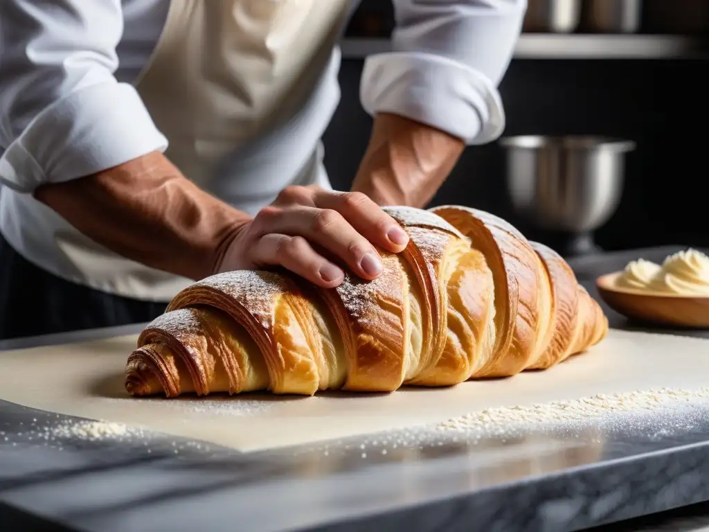 Un panadero experto realiza la técnica de laminación en la elaboración de croissants veganos