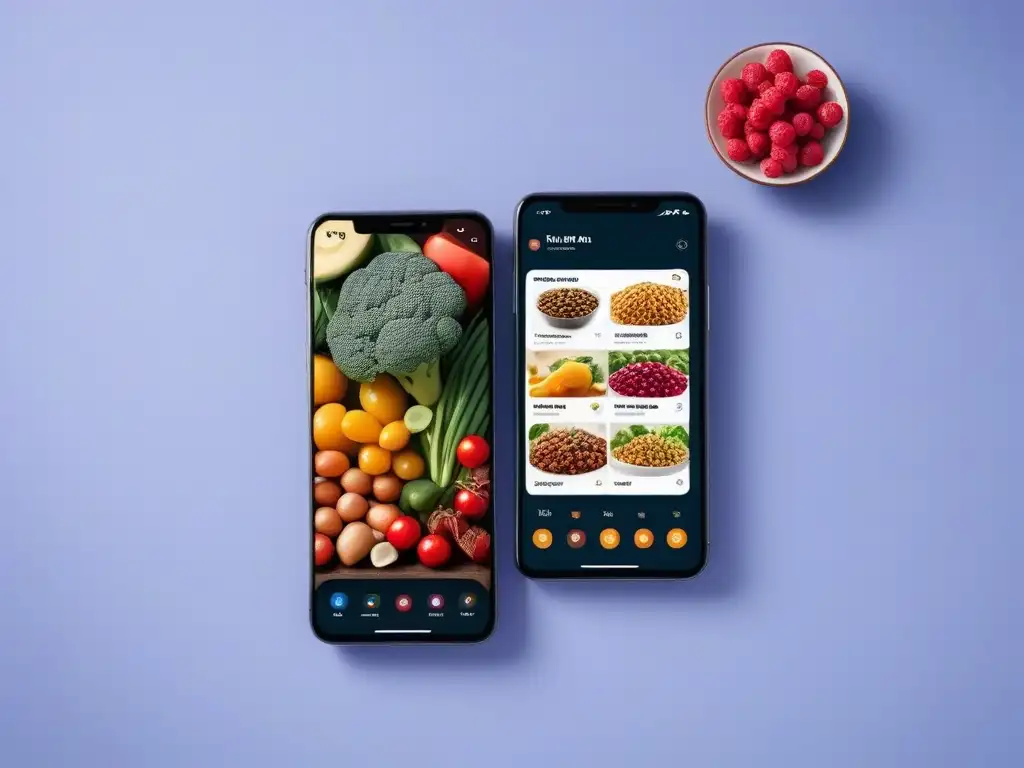 Una pantalla dividida con iconos de alimentos veganos saludables y apps para planificación de menús veganos saludables