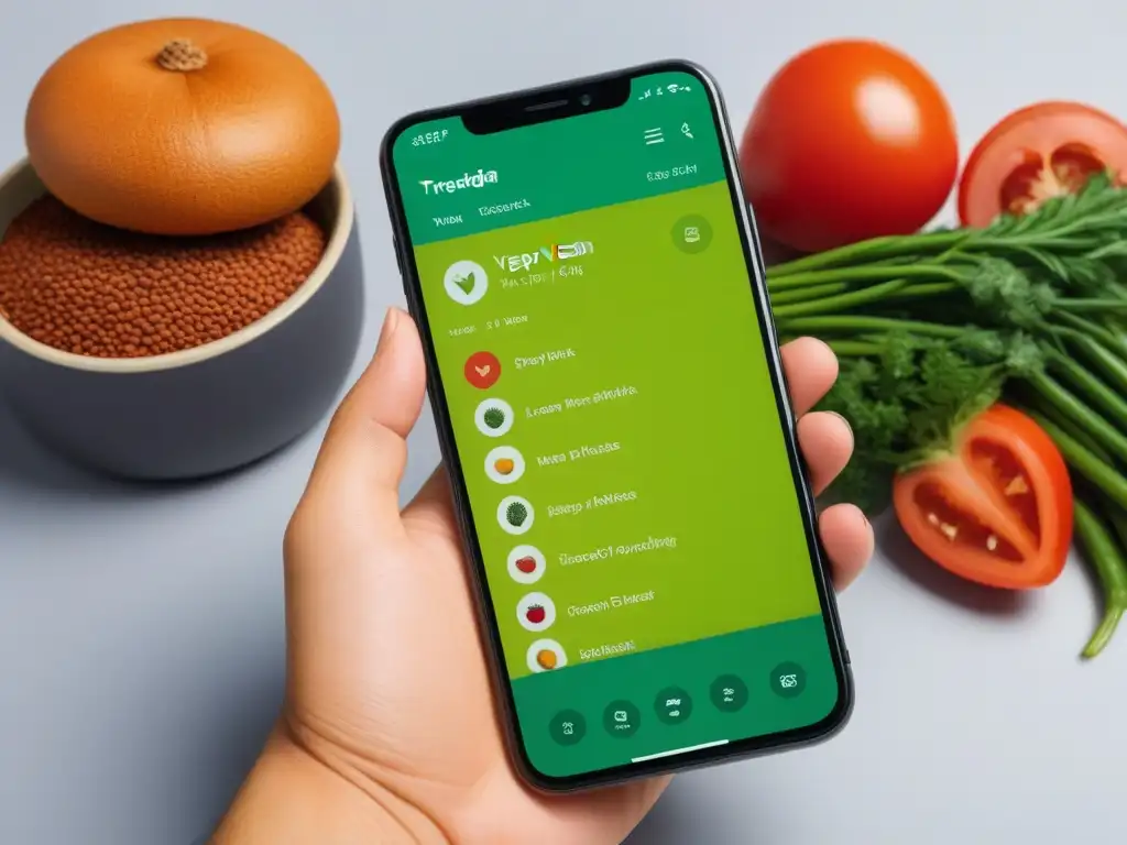 Una pantalla de smartphone moderno muestra una app para encontrar ingredientes veganos frescos locales