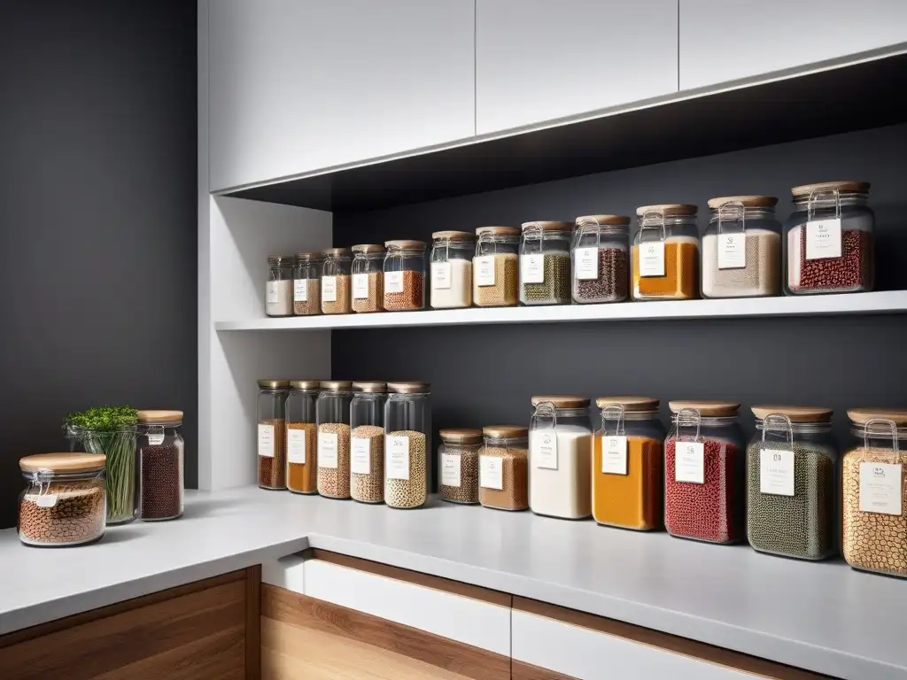 Pantry minimalista con estantes organizados llenos de granos, semillas y especias coloridas en tarros de vidrio