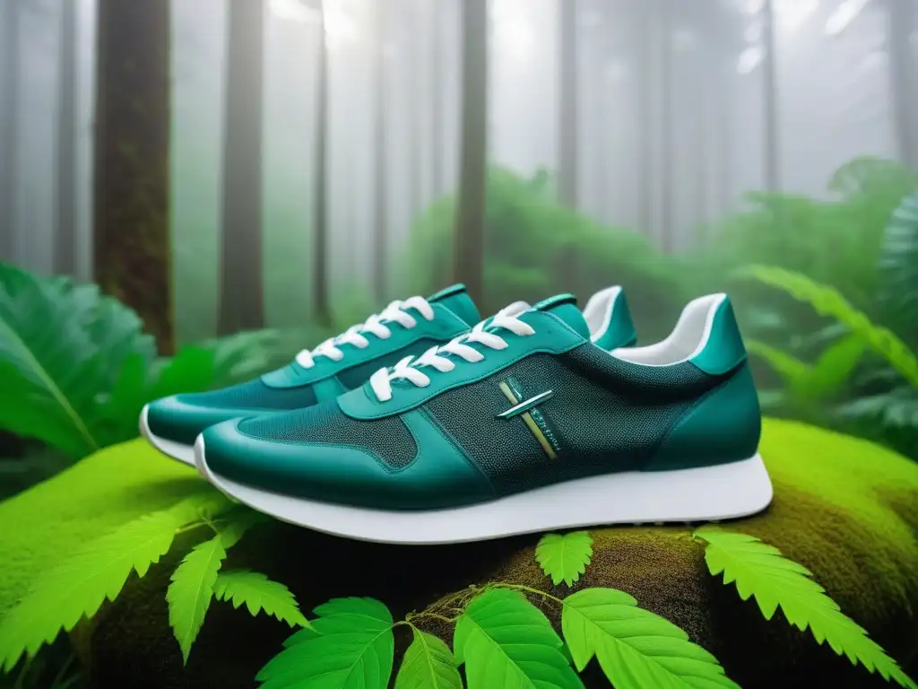 Un par de zapatillas veganas cómodas y sostenibles en un bosque verde con luz solar filtrándose entre las hojas