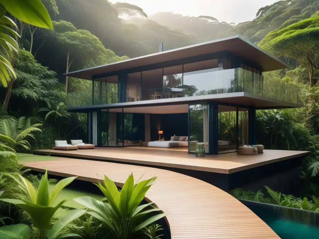 Un paraíso eco-amigable en la selva, con arquitectura sostenible, piscina infinita y huéspedes felices practicando yoga