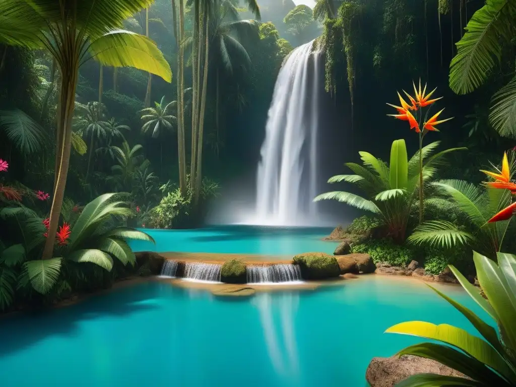 Un paraíso tropical exuberante con palmeras, flores exóticas y una cascada cristalina cayendo en una piscina turquesa