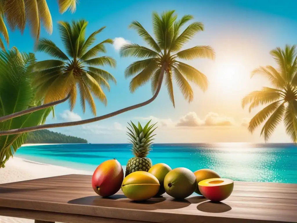 Un paraíso tropical con frutas frescas en una mesa de madera, bañado por la cálida luz dorada del atardecer