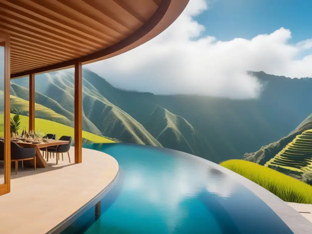 Un paraíso vegano de lujo en Perú: piscina infinita, montañas verdes, arquitectura sostenible y comensales felices