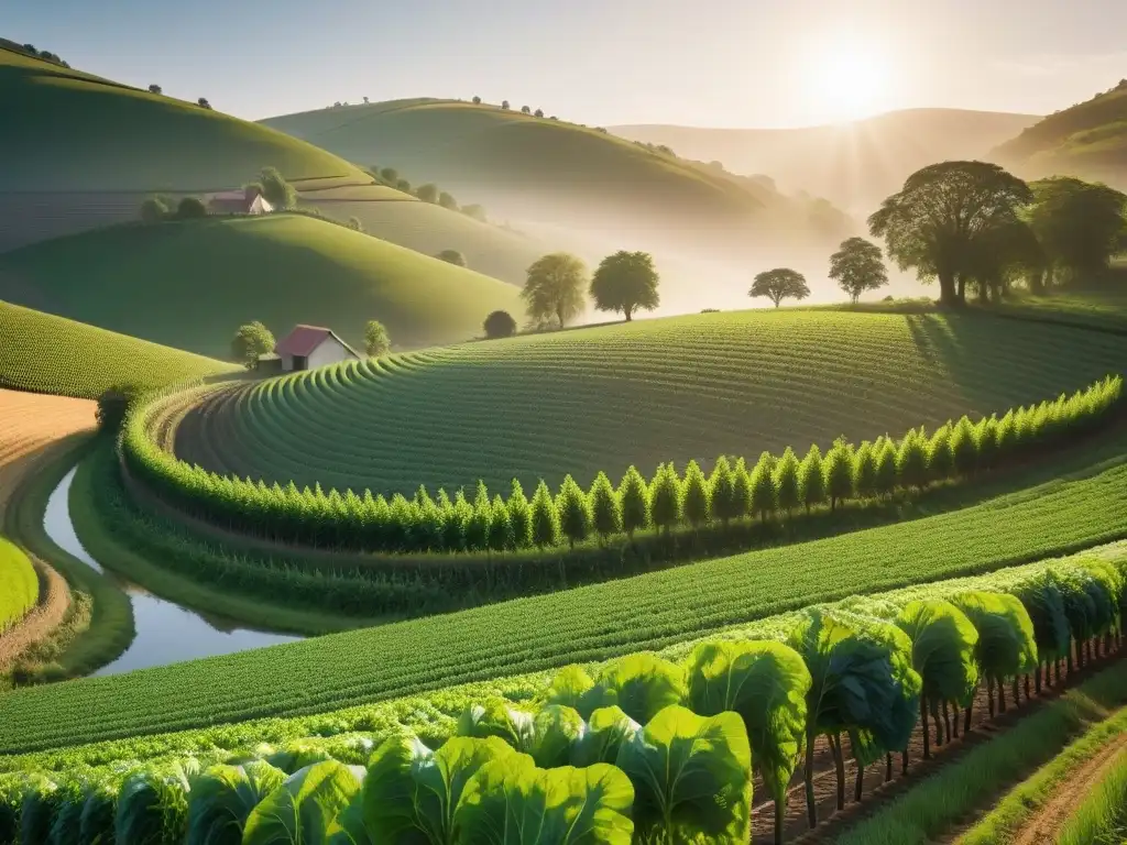 Un paraíso vegano sostenible en un paisaje idílico con frutas, verduras y animales felices