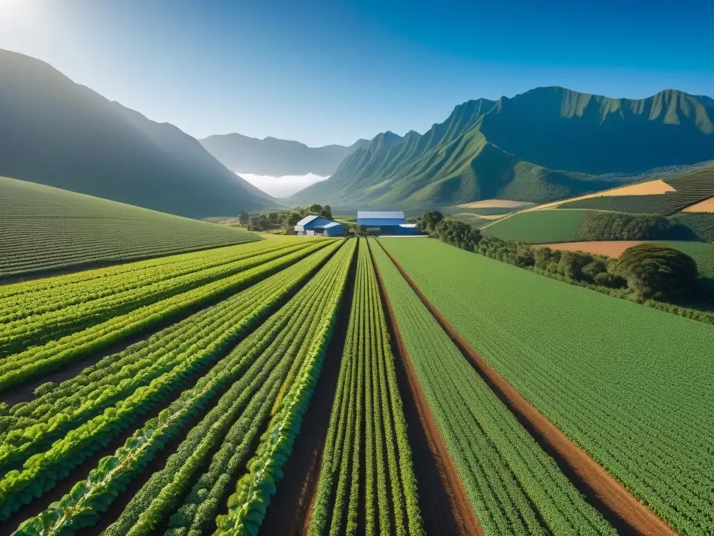 Un paraíso verde en una granja vegana en Oceanía, con cultivos orgánicos, animales felices y paneles solares brillantes bajo el cielo azul