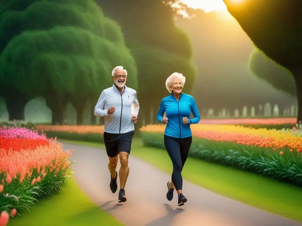 Una pareja de ancianos en sus 70, corriendo felices en un parque verde lleno de flores, con un cálido atardecer