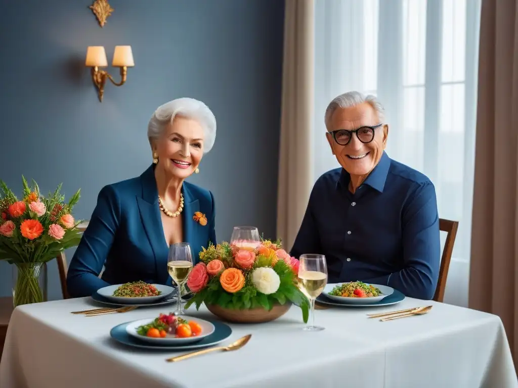 Una pareja de ancianos disfruta de una mesa vegana abundante y colorida, resaltando la dieta vegana y sus necesidades nutricionales