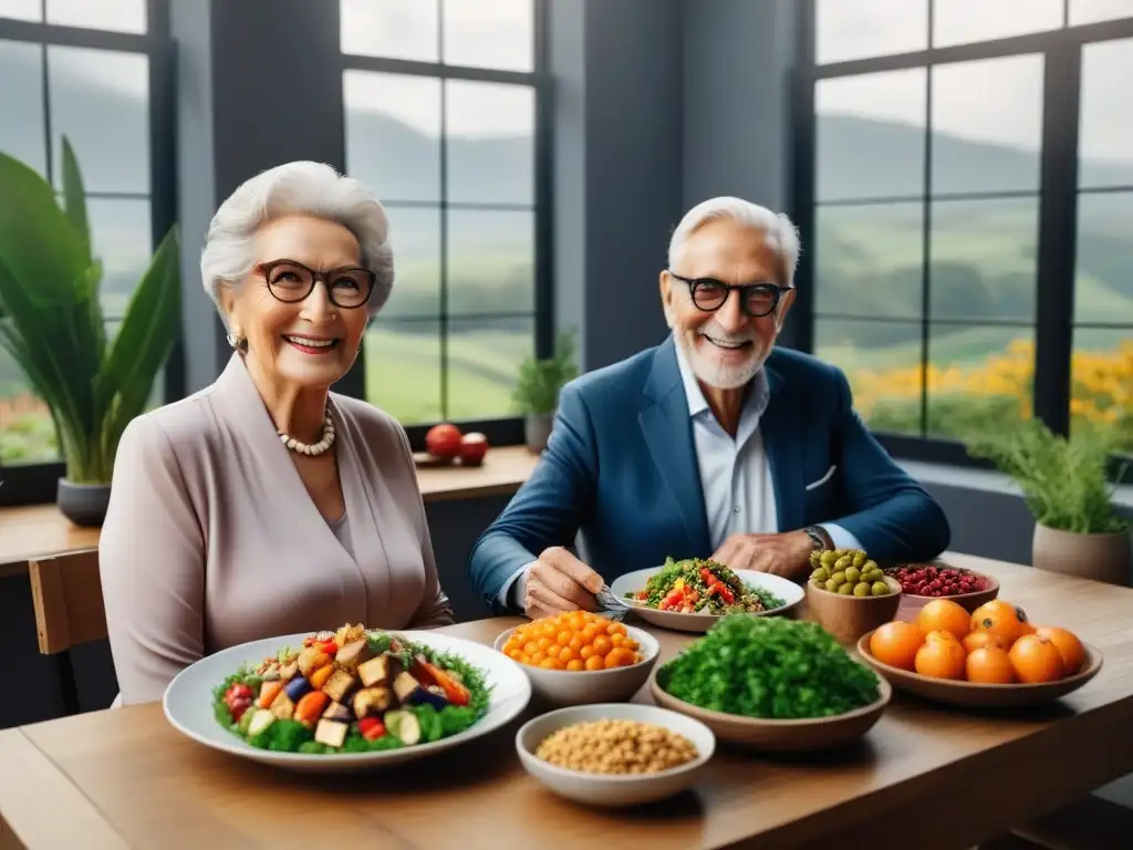 Una pareja de ancianos sonrientes disfruta de una dieta vegana equilibrada en su mesa, rodeados de coloridos platos llenos de alimentos nutritivos