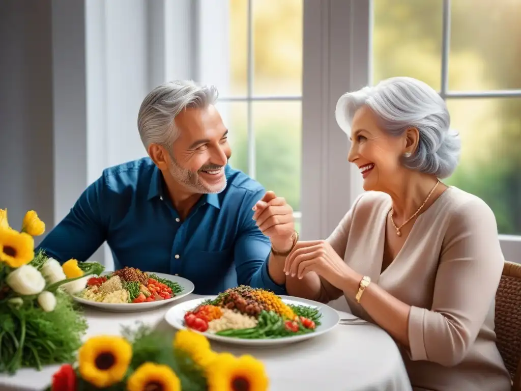 Una pareja de ancianos sonrientes comparten plato vegano en mesa elegante