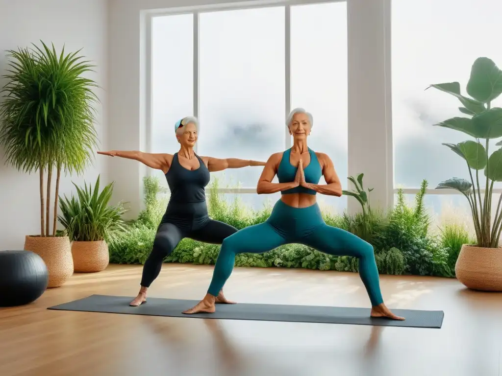 Pareja de ancianos practicando yoga en ambiente luminoso, reflejando vitalidad con nutrición vegana para mayores