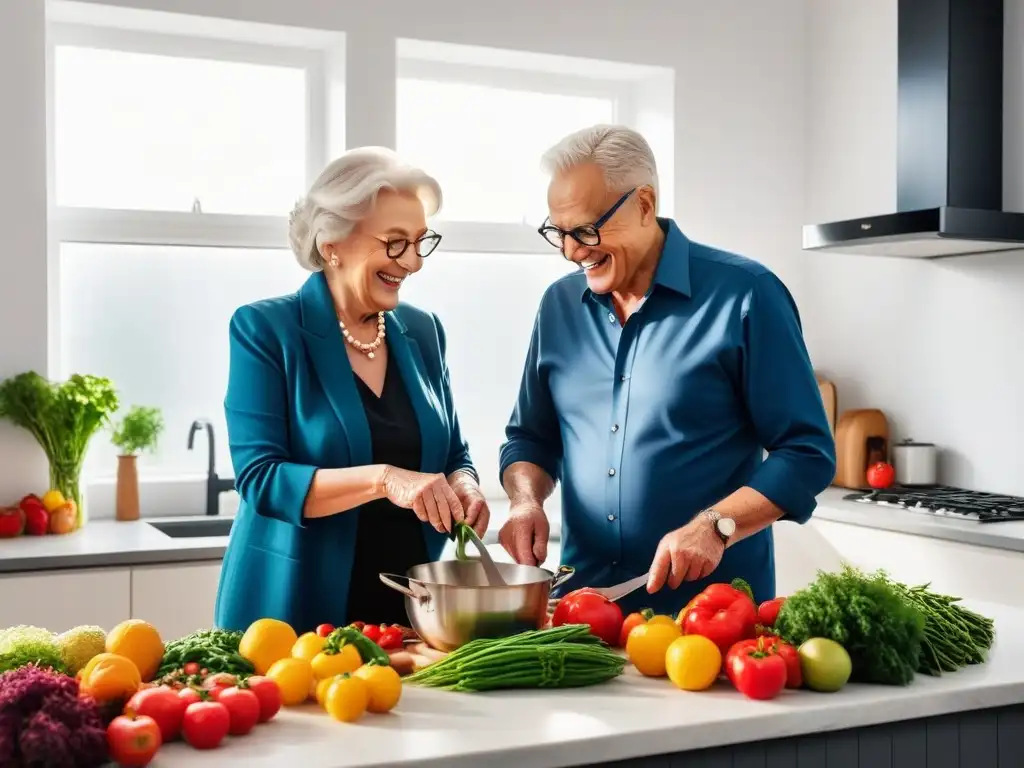 Una pareja de ancianos cocina feliz una dieta vegana equilibrada en su luminosa cocina llena de ingredientes frescos