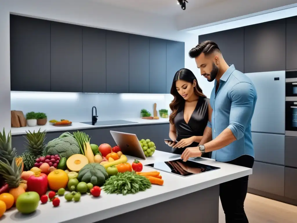 Una pareja joven cocina con una app innovadora en una cocina moderna llena de frutas y verduras