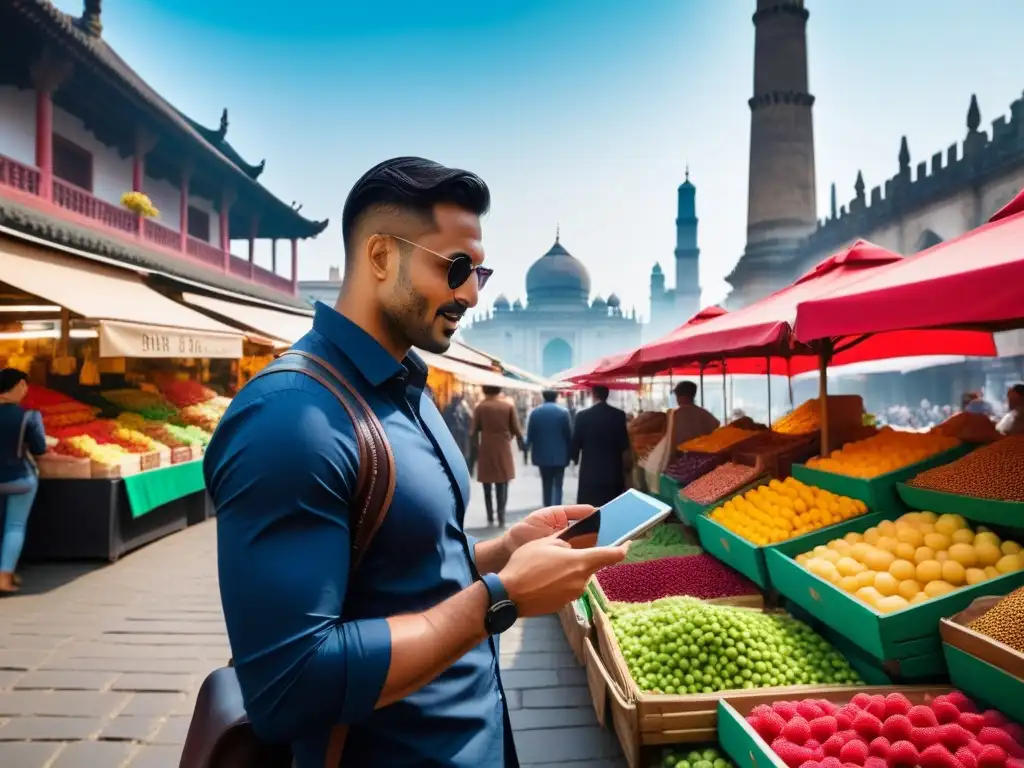 Una pareja joven explora un mercado de comida extranjera con Apps para viajero vegano internacional